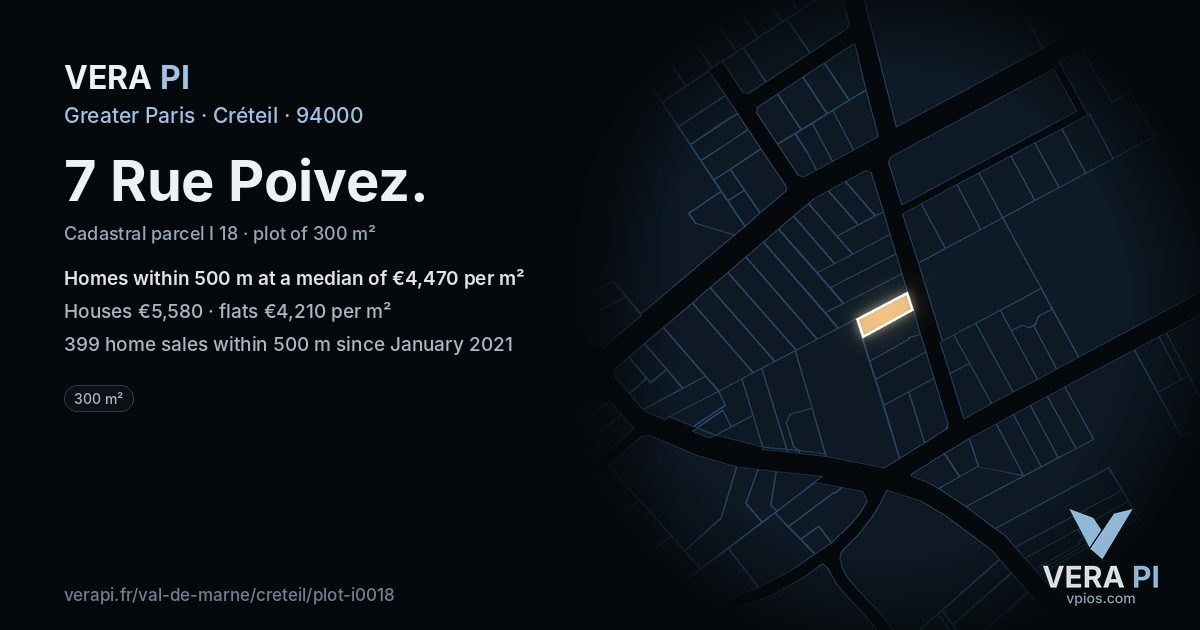 7 Rue Poivez, Créteil at night – the plot lit, the parcels around coloured by the prices near them