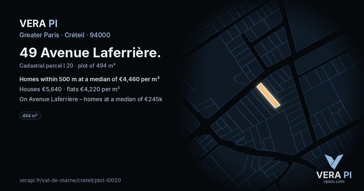 49 Avenue Laferrière, Créteil at night – the plot lit, the parcels around coloured by the prices near them
