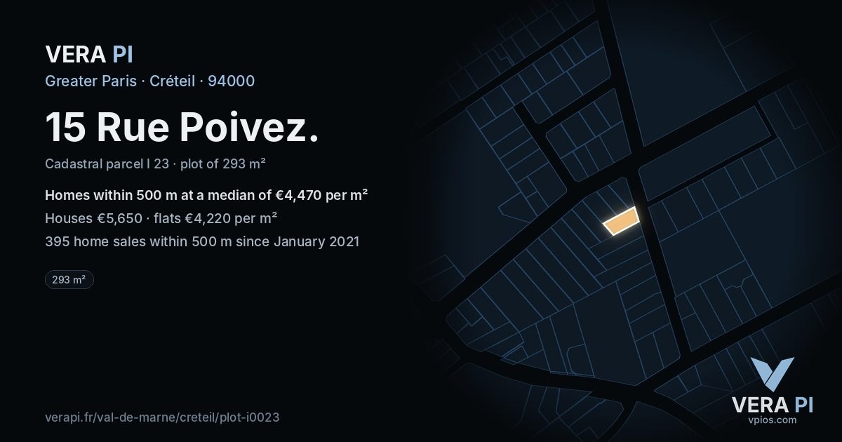 15 Rue Poivez, Créteil at night – the plot lit, the parcels around coloured by the prices near them