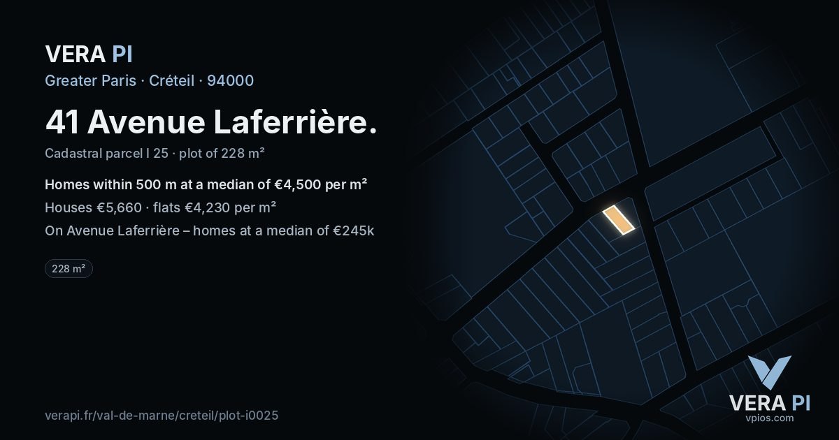 41 Avenue Laferrière, Créteil at night – the plot lit, the parcels around coloured by the prices near them