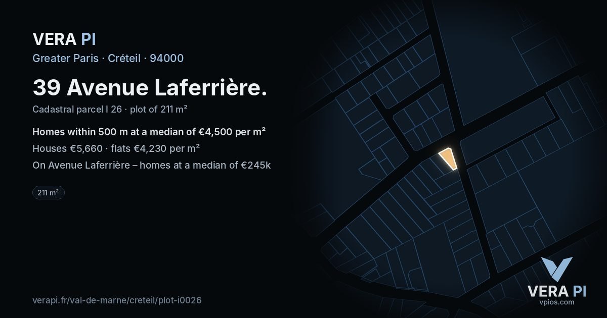 39 Avenue Laferrière, Créteil at night – the plot lit, the parcels around coloured by the prices near them