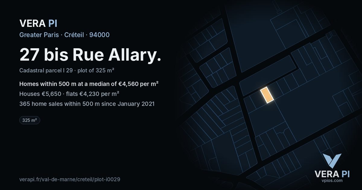 27 bis Rue Allary, Créteil at night – the plot lit, the parcels around coloured by the prices near them