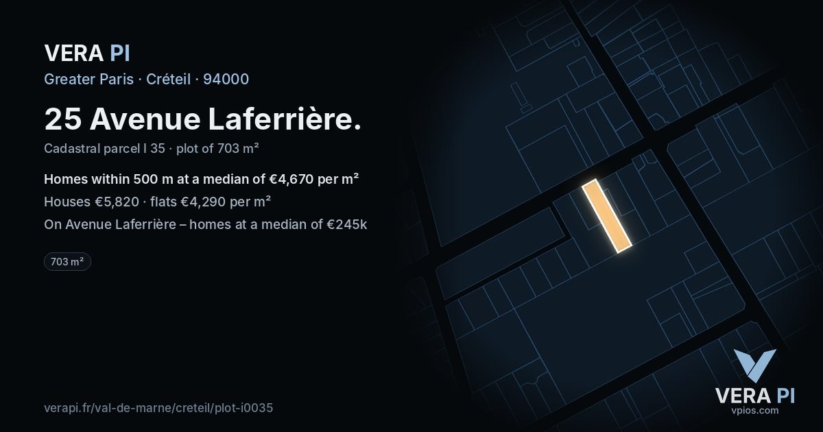25 Avenue Laferrière, Créteil at night – the plot lit, the parcels around coloured by the prices near them