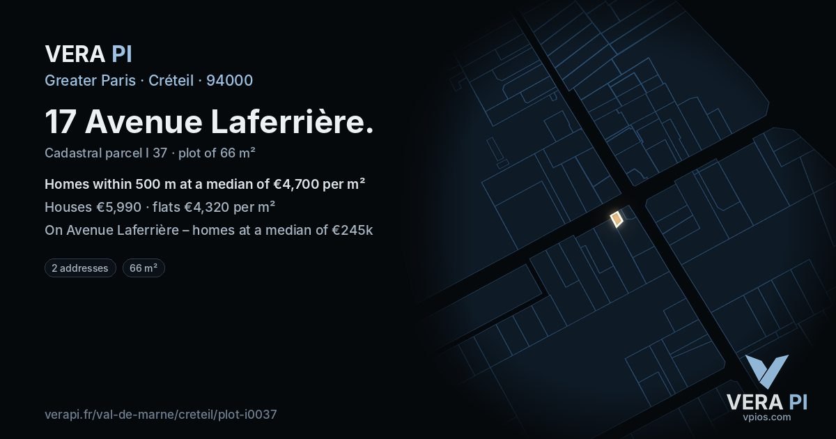 17 Avenue Laferrière, Créteil at night – the plot lit, the parcels around coloured by the prices near them