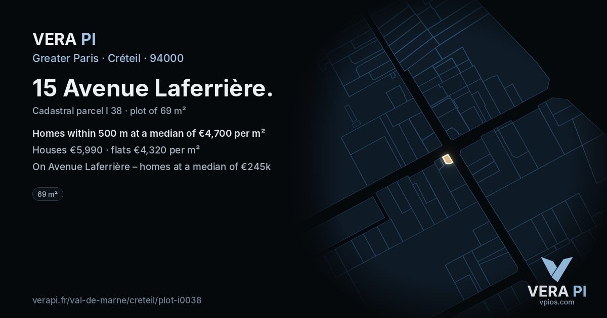 15 Avenue Laferrière, Créteil at night – the plot lit, the parcels around coloured by the prices near them