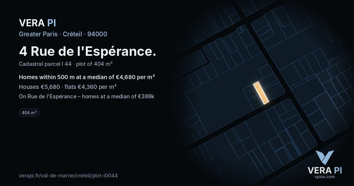 4 Rue de l'Espérance, Créteil at night – the plot lit, the parcels around coloured by the prices near them