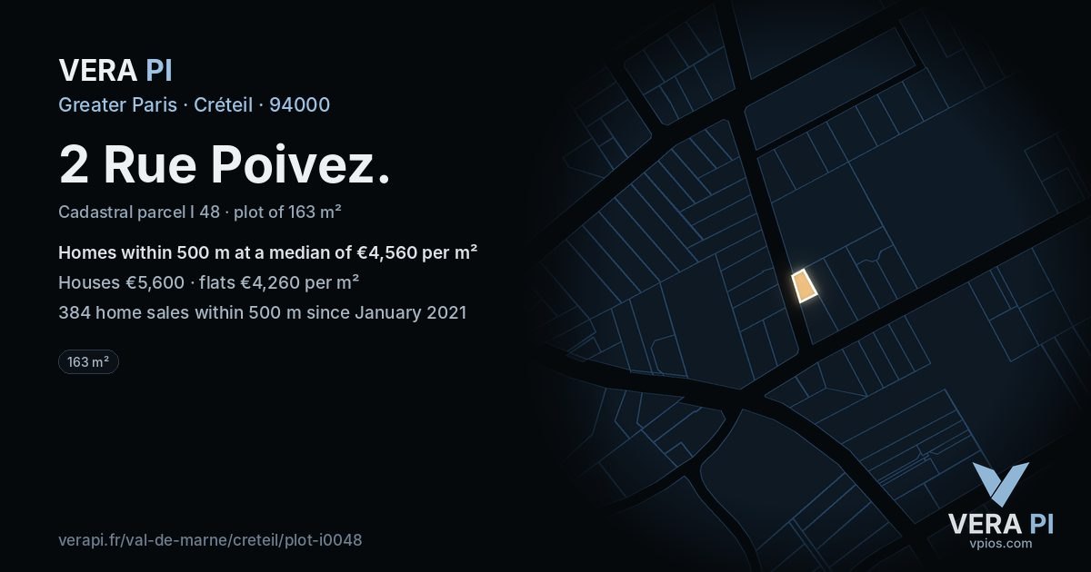 2 Rue Poivez, Créteil at night – the plot lit, the parcels around coloured by the prices near them