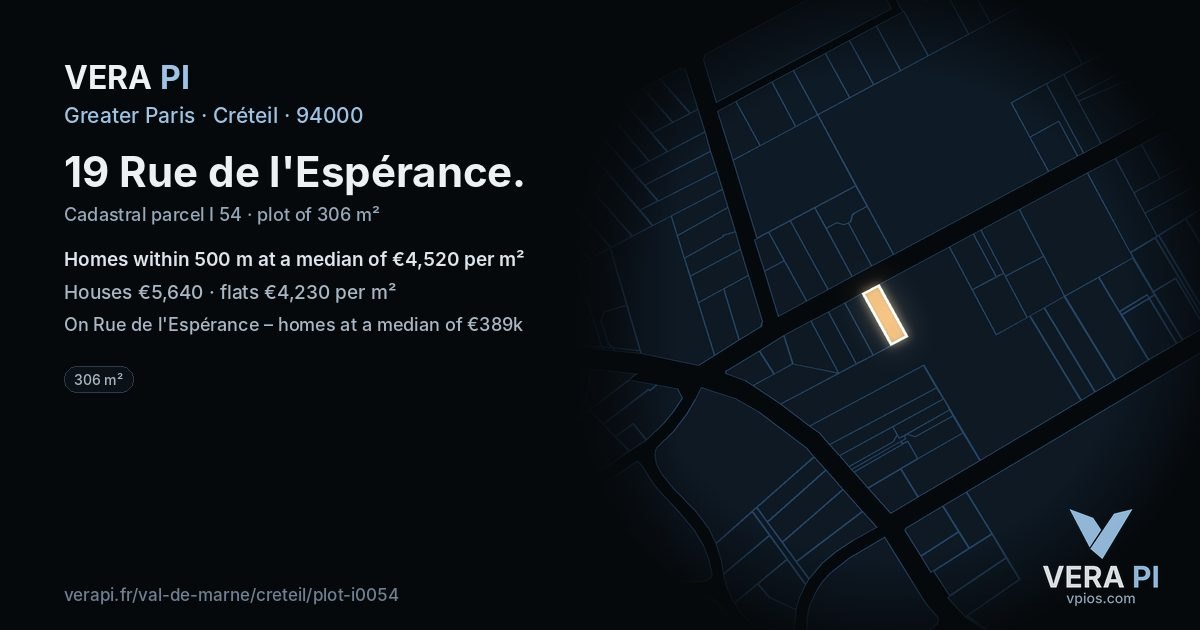 19 Rue de l'Espérance, Créteil at night – the plot lit, the parcels around coloured by the prices near them