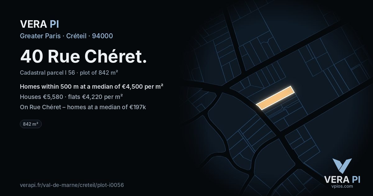 40 Rue Chéret, Créteil at night – the plot lit, the parcels around coloured by the prices near them