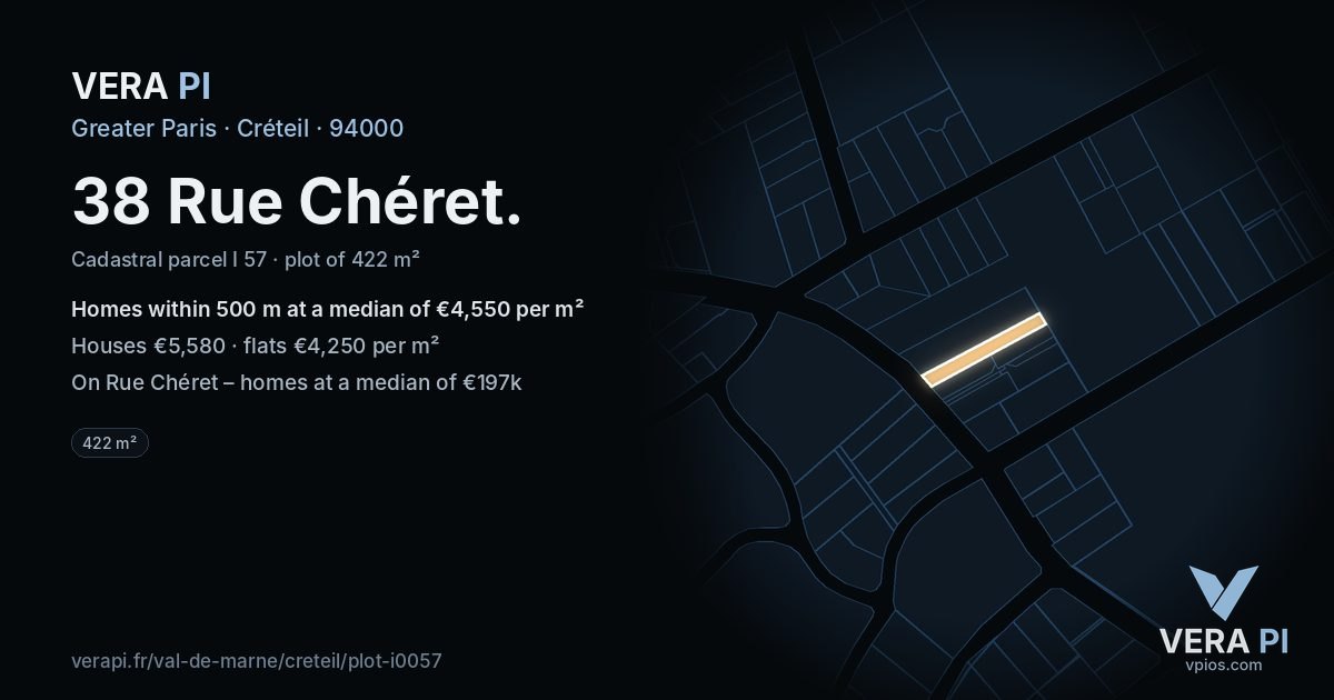 38 Rue Chéret, Créteil at night – the plot lit, the parcels around coloured by the prices near them