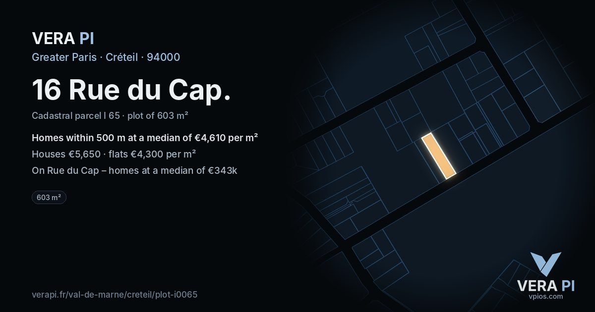 16 Rue du Cap, Créteil at night – the plot lit, the parcels around coloured by the prices near them