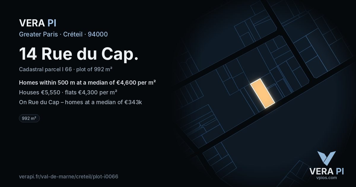 14 Rue du Cap, Créteil at night – the plot lit, the parcels around coloured by the prices near them