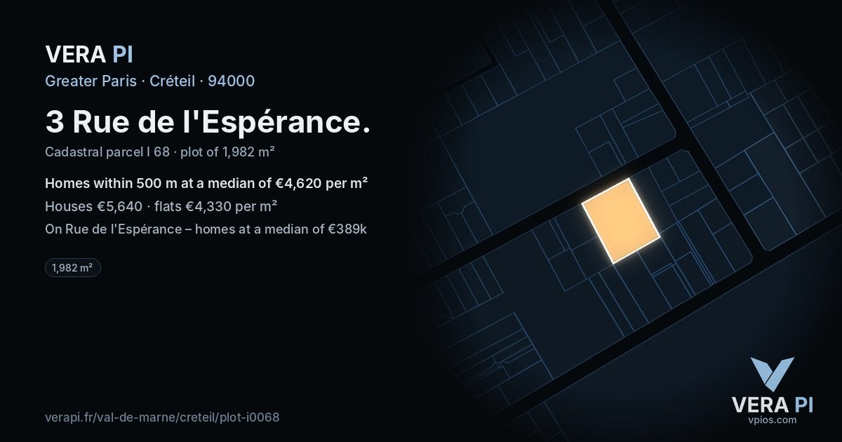 3 Rue de l'Espérance, Créteil at night – the plot lit, the parcels around coloured by the prices near them