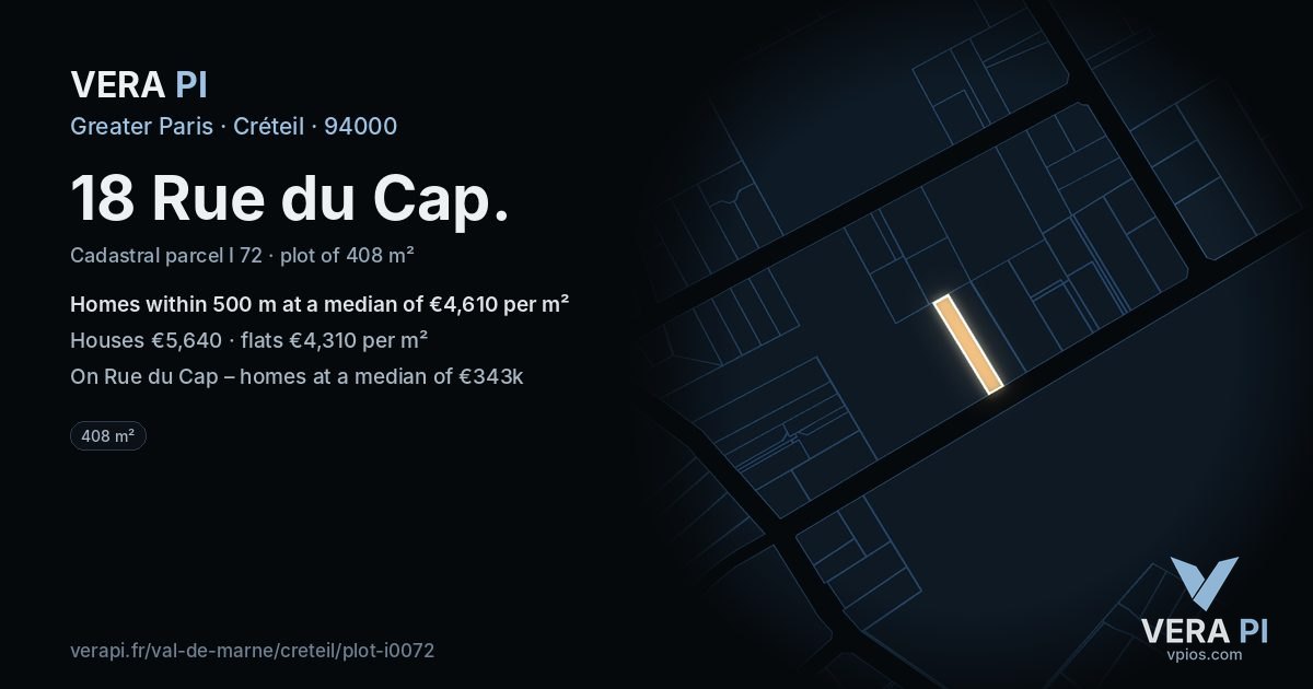 18 Rue du Cap, Créteil at night – the plot lit, the parcels around coloured by the prices near them