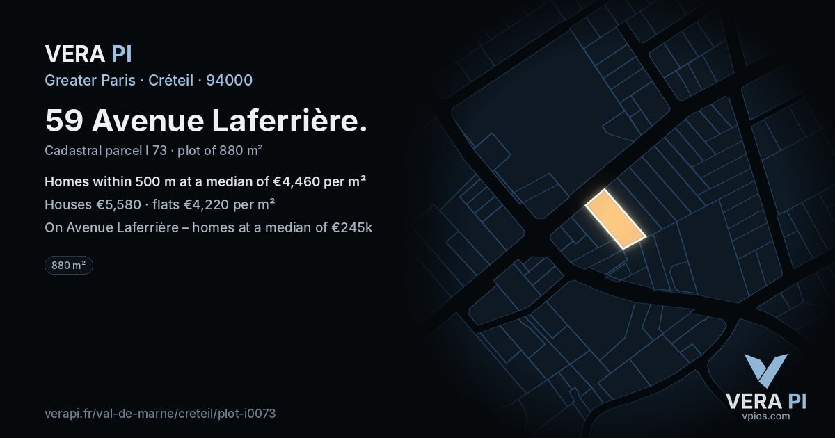 59 Avenue Laferrière, Créteil at night – the plot lit, the parcels around coloured by the prices near them