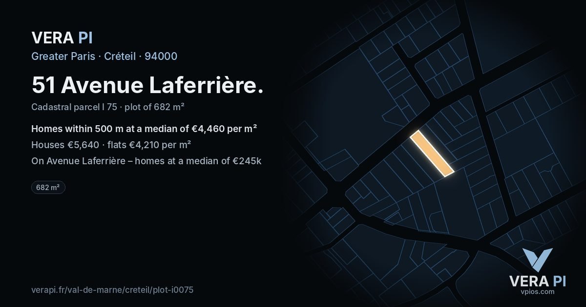51 Avenue Laferrière, Créteil at night – the plot lit, the parcels around coloured by the prices near them