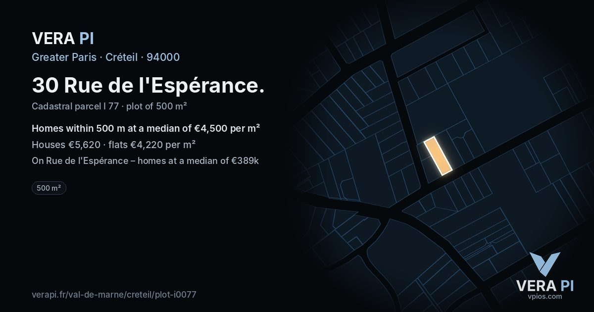 30 Rue de l'Espérance, Créteil at night – the plot lit, the parcels around coloured by the prices near them