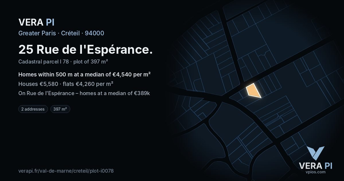 25 Rue de l'Espérance, Créteil at night – the plot lit, the parcels around coloured by the prices near them