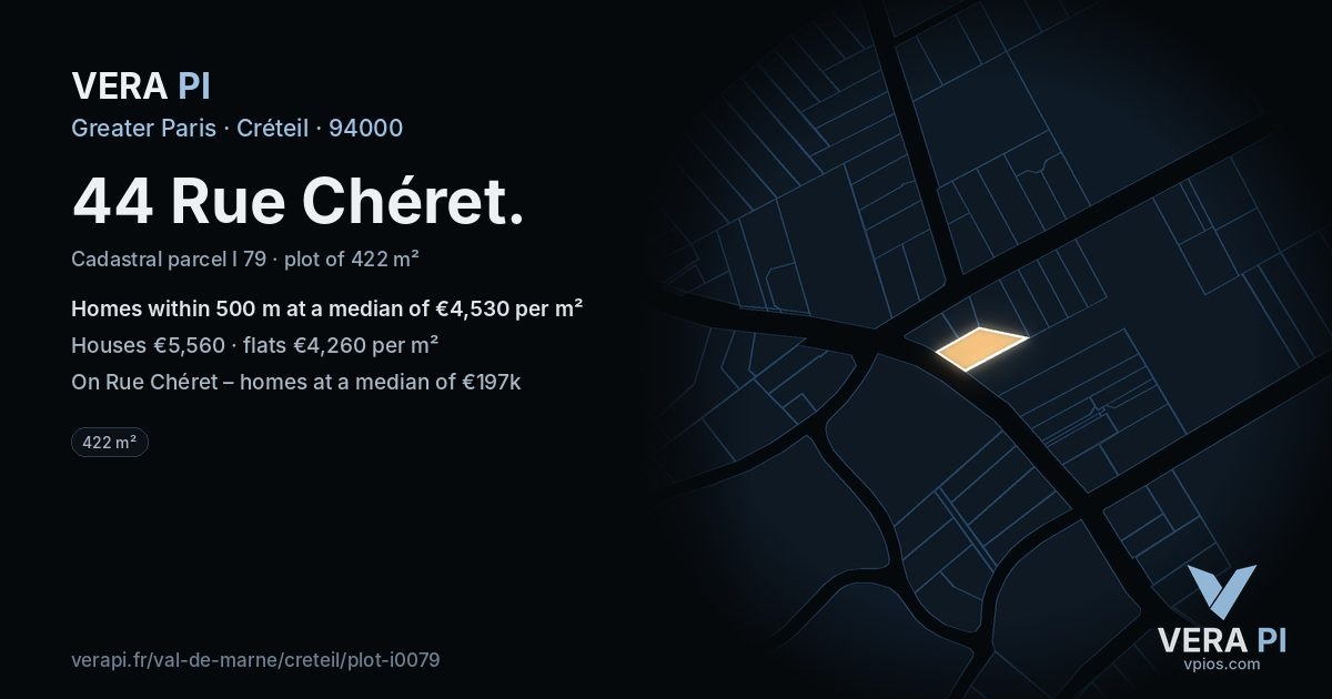 44 Rue Chéret, Créteil at night – the plot lit, the parcels around coloured by the prices near them