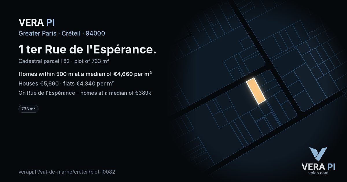 1 ter Rue de l'Espérance, Créteil at night – the plot lit, the parcels around coloured by the prices near them