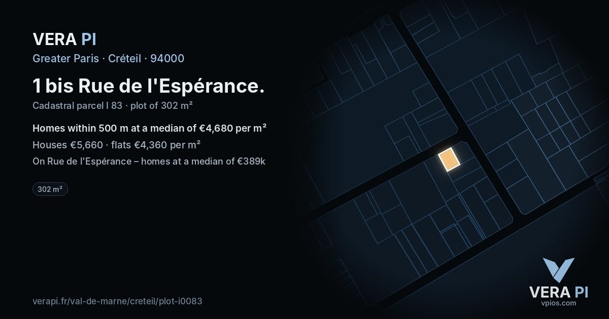 1 bis Rue de l'Espérance, Créteil at night – the plot lit, the parcels around coloured by the prices near them