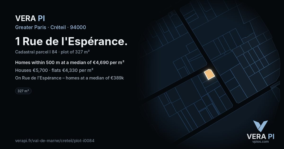 1 Rue de l'Espérance, Créteil at night – the plot lit, the parcels around coloured by the prices near them
