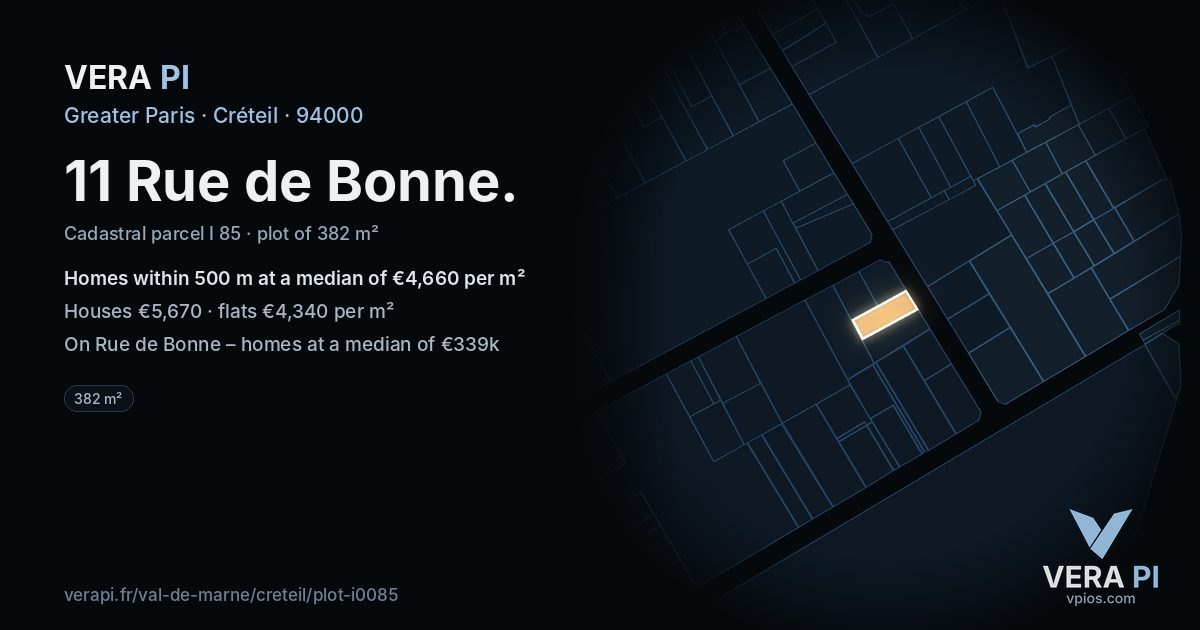 11 Rue de Bonne, Créteil at night – the plot lit, the parcels around coloured by the prices near them