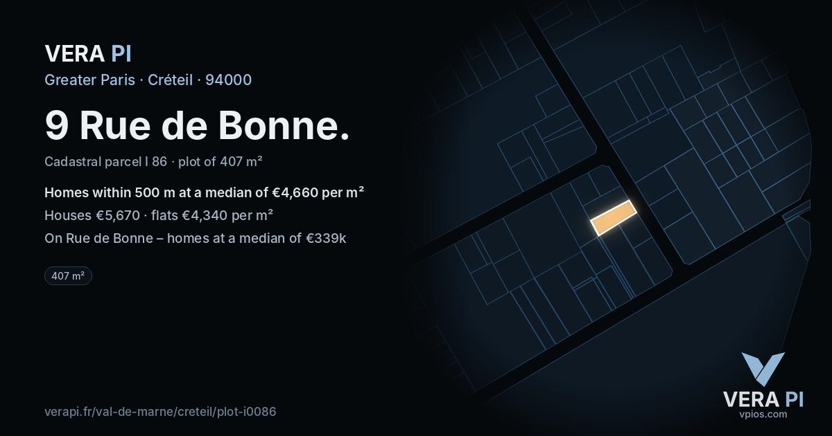 9 Rue de Bonne, Créteil at night – the plot lit, the parcels around coloured by the prices near them