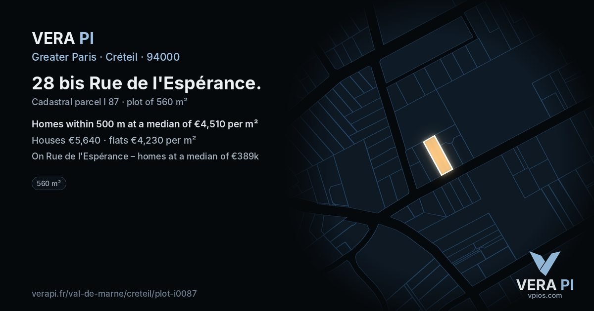 28 bis Rue de l'Espérance, Créteil at night – the plot lit, the parcels around coloured by the prices near them