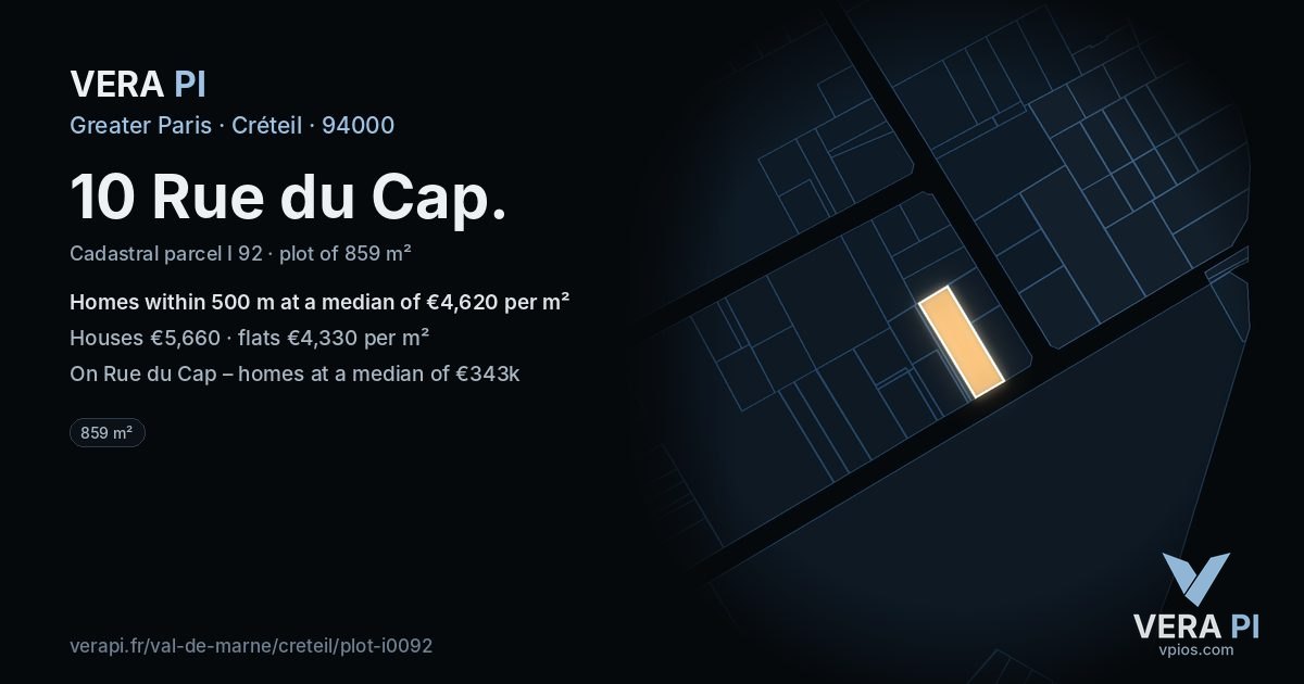 10 Rue du Cap, Créteil at night – the plot lit, the parcels around coloured by the prices near them