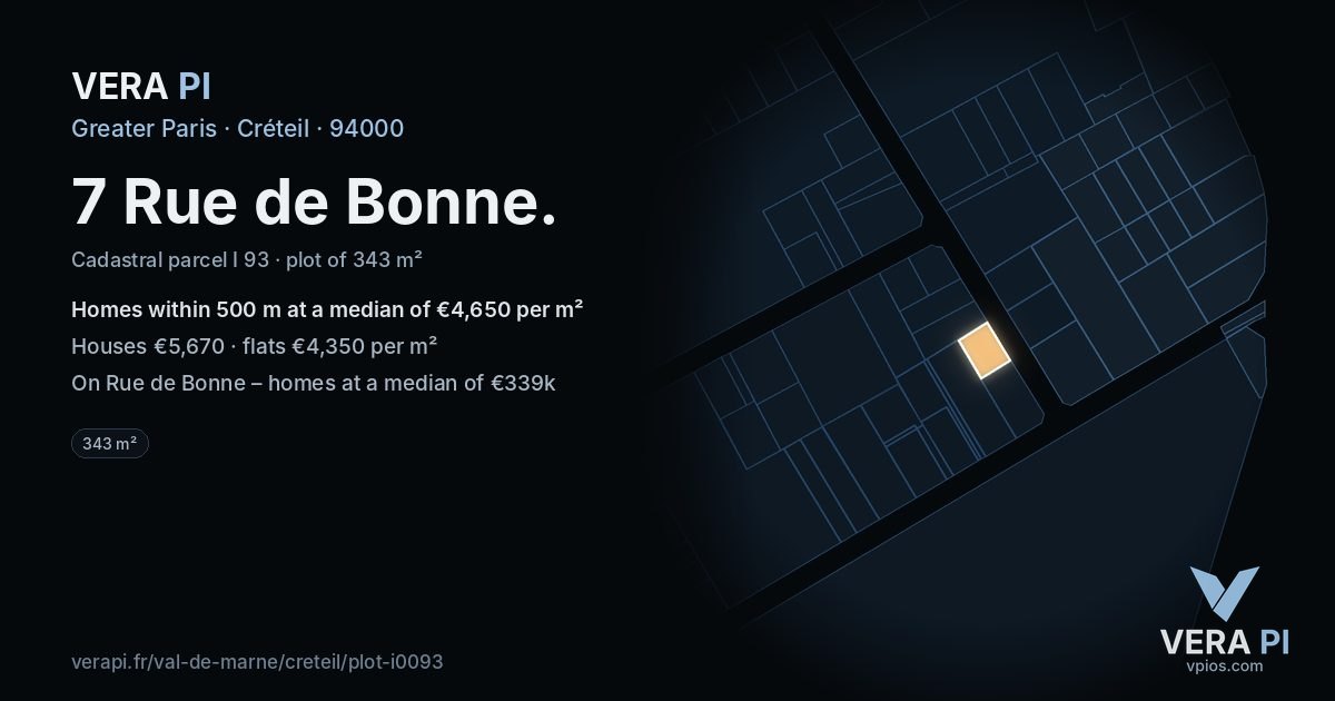7 Rue de Bonne, Créteil at night – the plot lit, the parcels around coloured by the prices near them