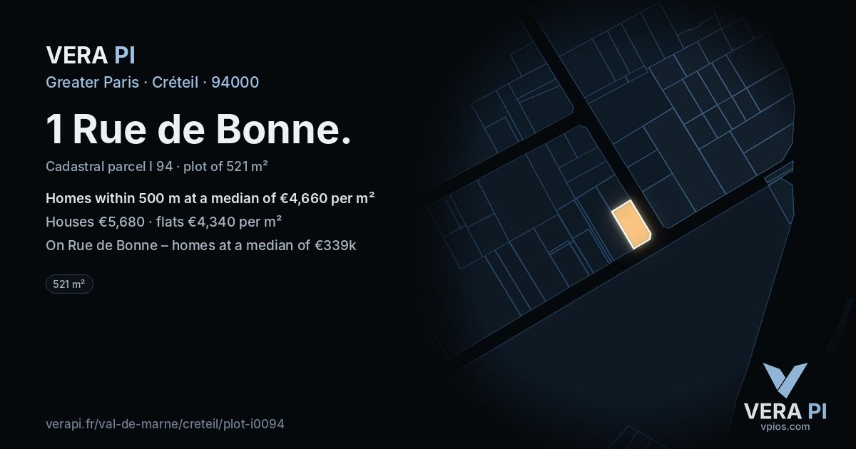 1 Rue de Bonne, Créteil at night – the plot lit, the parcels around coloured by the prices near them