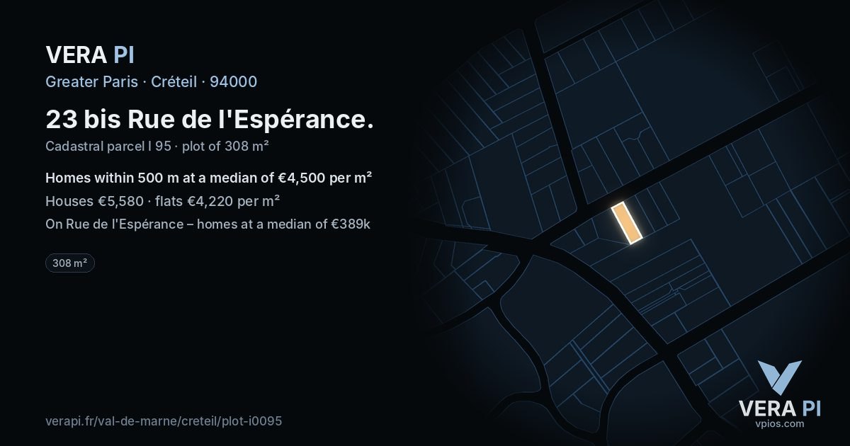 23 bis Rue de l'Espérance, Créteil at night – the plot lit, the parcels around coloured by the prices near them
