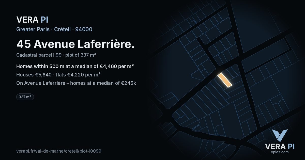 45 Avenue Laferrière, Créteil at night – the plot lit, the parcels around coloured by the prices near them
