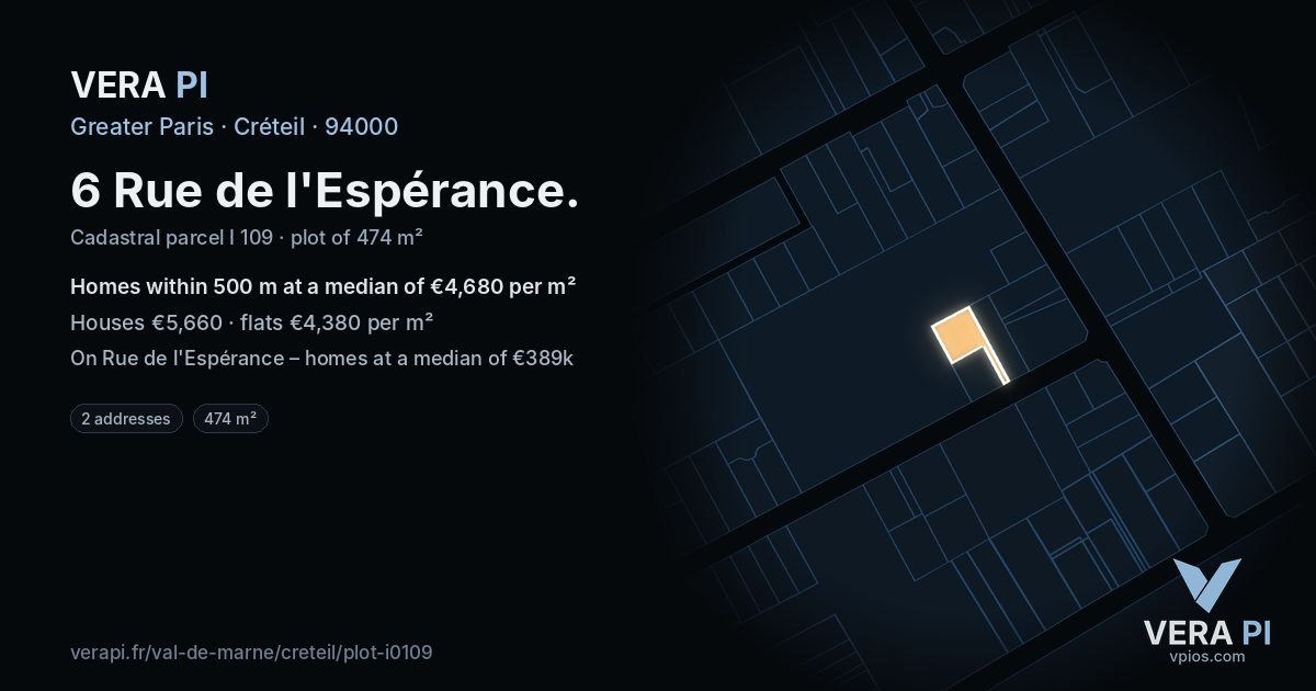 6 Rue de l'Espérance, Créteil at night – the plot lit, the parcels around coloured by the prices near them