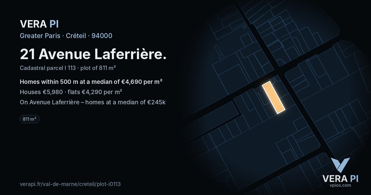 21 Avenue Laferrière, Créteil at night – the plot lit, the parcels around coloured by the prices near them