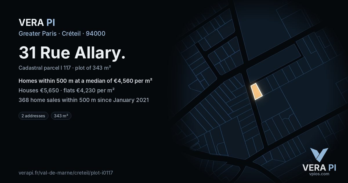 31 Rue Allary, Créteil at night – the plot lit, the parcels around coloured by the prices near them