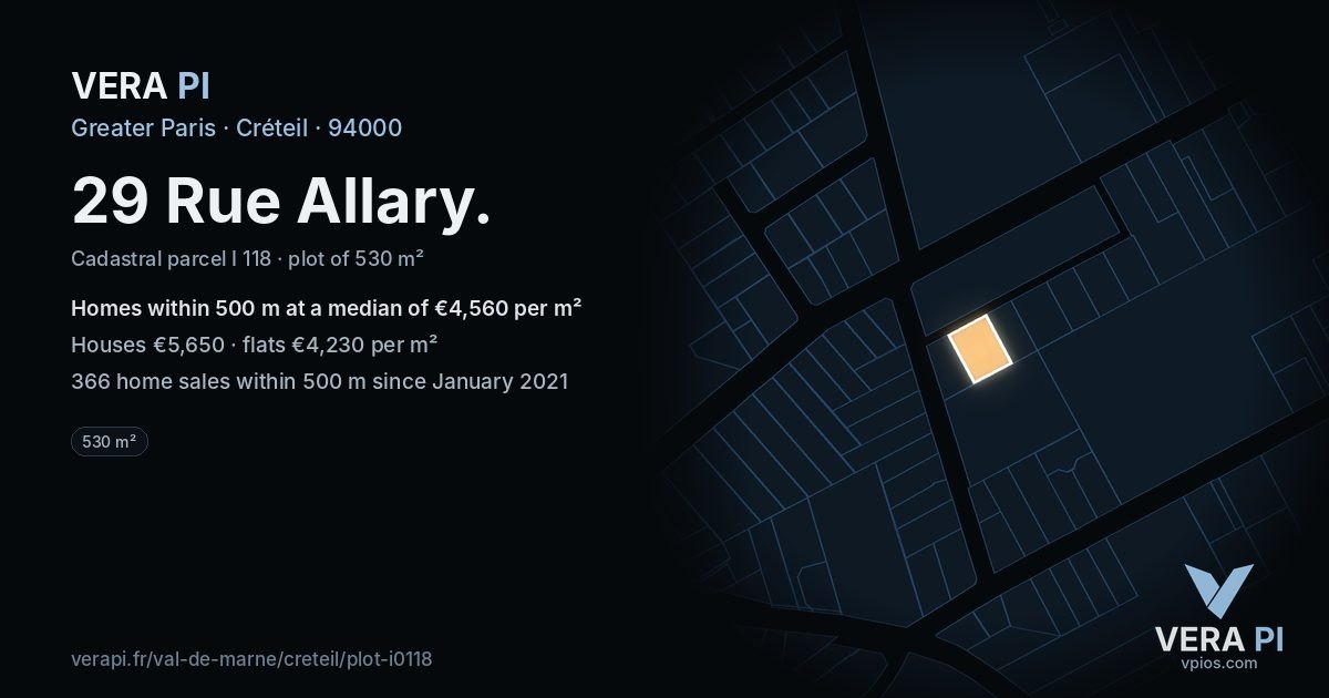 29 Rue Allary, Créteil at night – the plot lit, the parcels around coloured by the prices near them