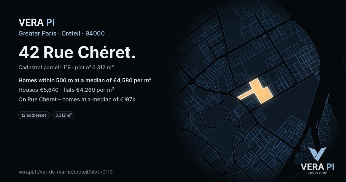 42 Rue Chéret, Créteil at night – the plot lit, the parcels around coloured by the prices near them