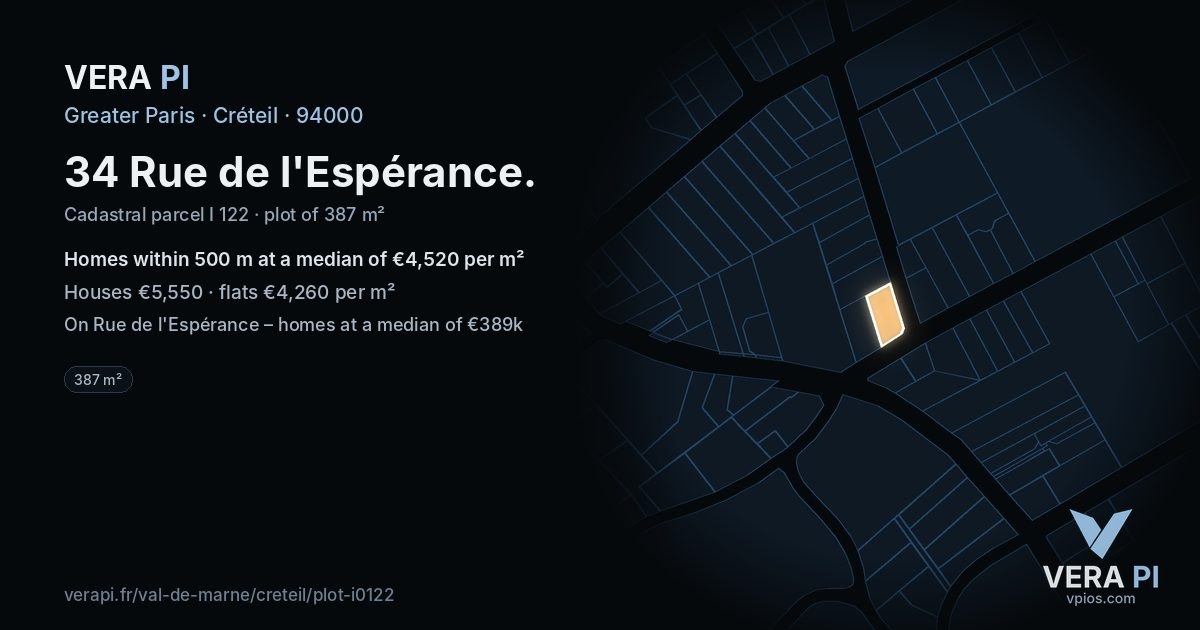34 Rue de l'Espérance, Créteil at night – the plot lit, the parcels around coloured by the prices near them