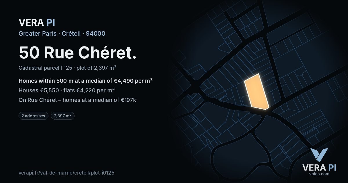 50 Rue Chéret, Créteil at night – the plot lit, the parcels around coloured by the prices near them