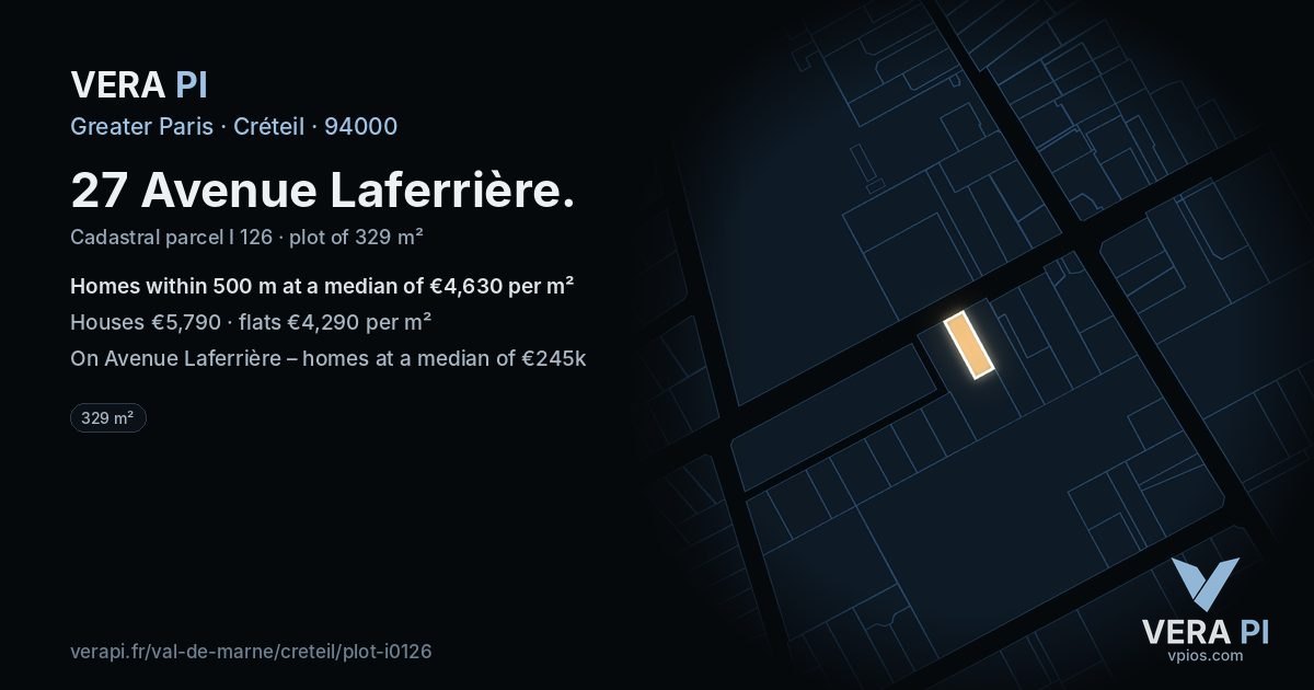 27 Avenue Laferrière, Créteil at night – the plot lit, the parcels around coloured by the prices near them