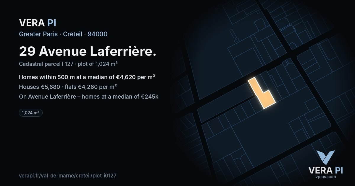 29 Avenue Laferrière, Créteil at night – the plot lit, the parcels around coloured by the prices near them