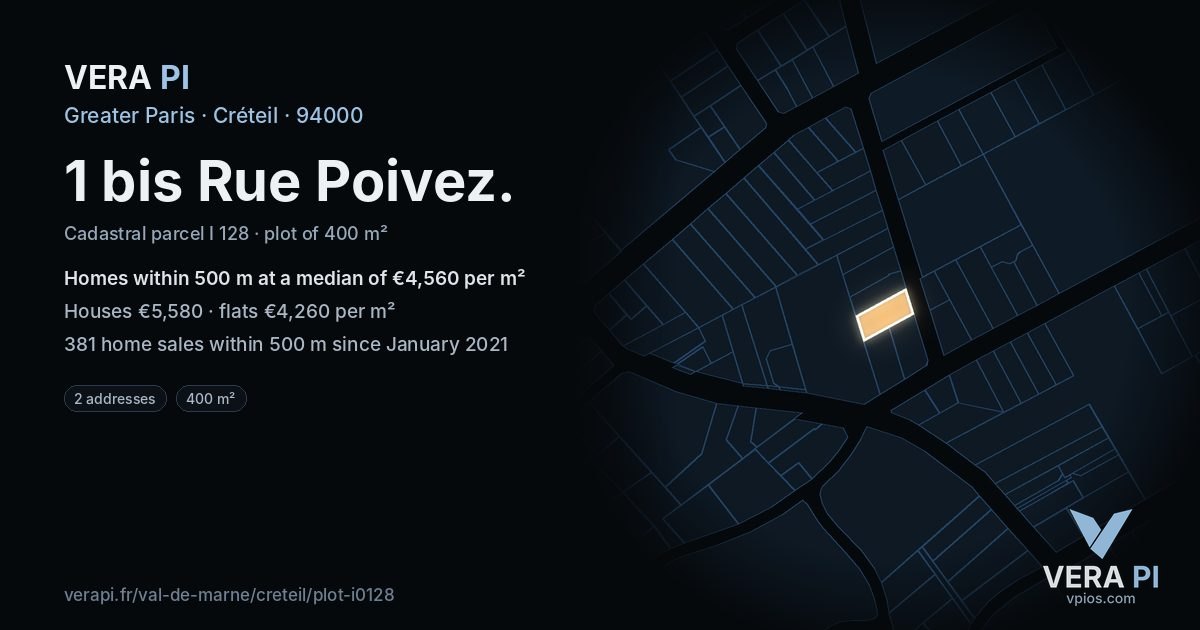 1 bis Rue Poivez, Créteil at night – the plot lit, the parcels around coloured by the prices near them