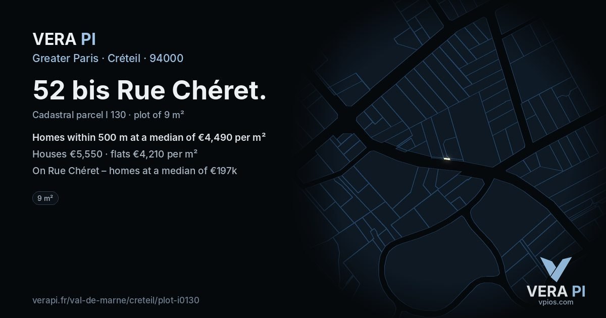 52 bis Rue Chéret, Créteil at night – the plot lit, the parcels around coloured by the prices near them
