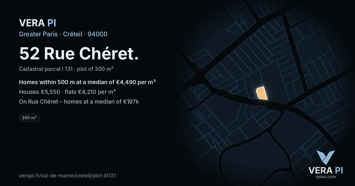 52 Rue Chéret, Créteil at night – the plot lit, the parcels around coloured by the prices near them