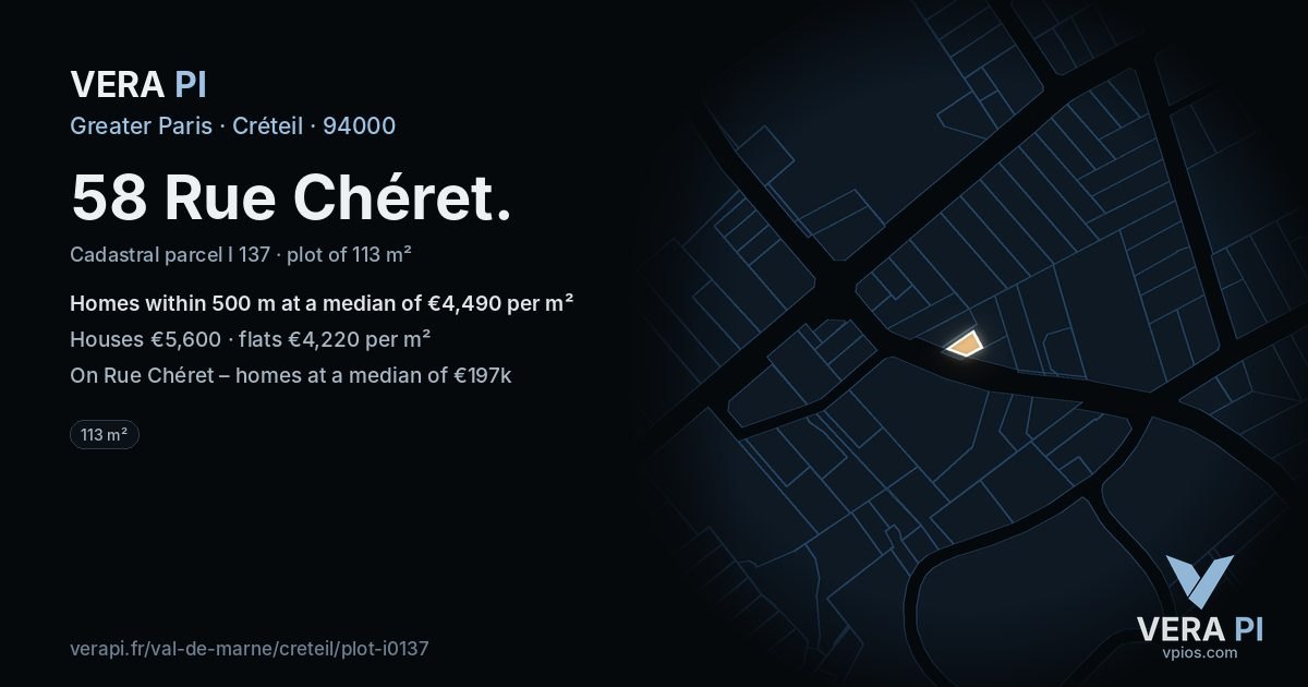 58 Rue Chéret, Créteil at night – the plot lit, the parcels around coloured by the prices near them