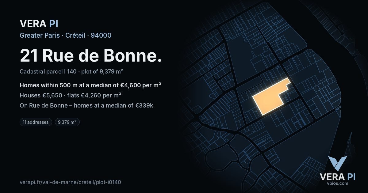 21 Rue de Bonne, Créteil at night – the plot lit, the parcels around coloured by the prices near them