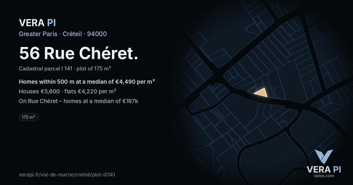 56 Rue Chéret, Créteil at night – the plot lit, the parcels around coloured by the prices near them