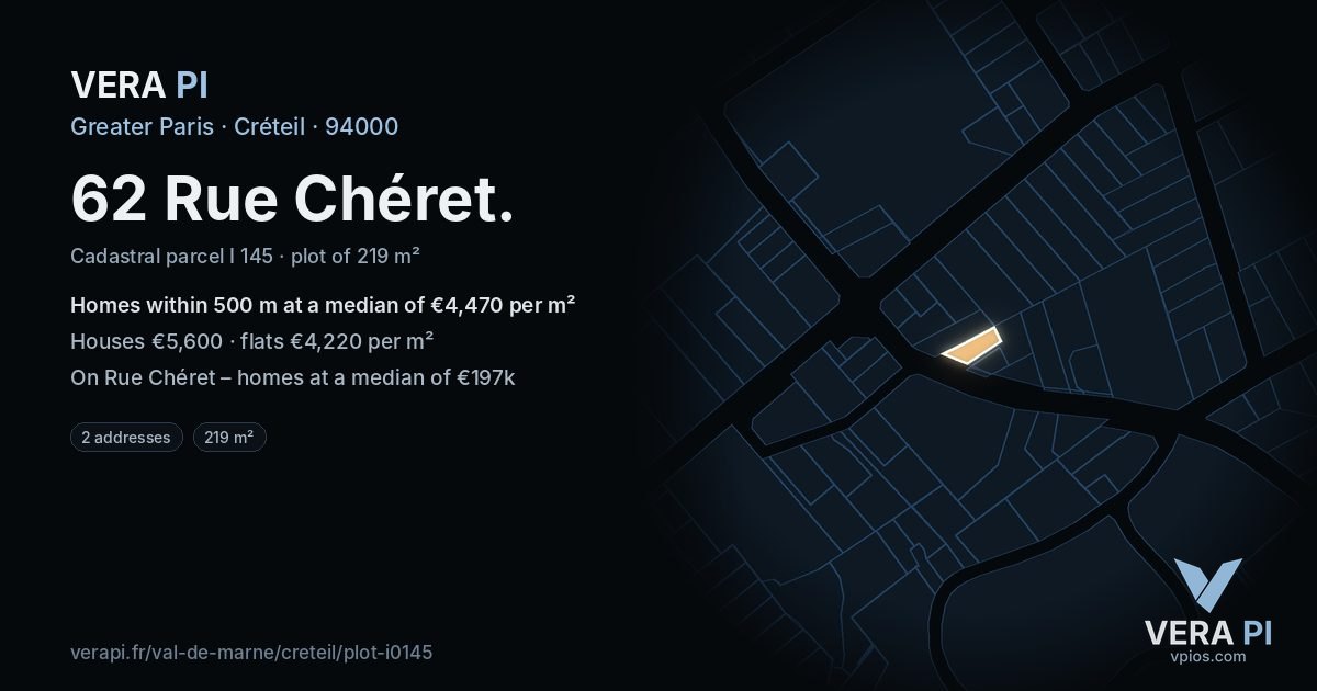 62 Rue Chéret, Créteil at night – the plot lit, the parcels around coloured by the prices near them